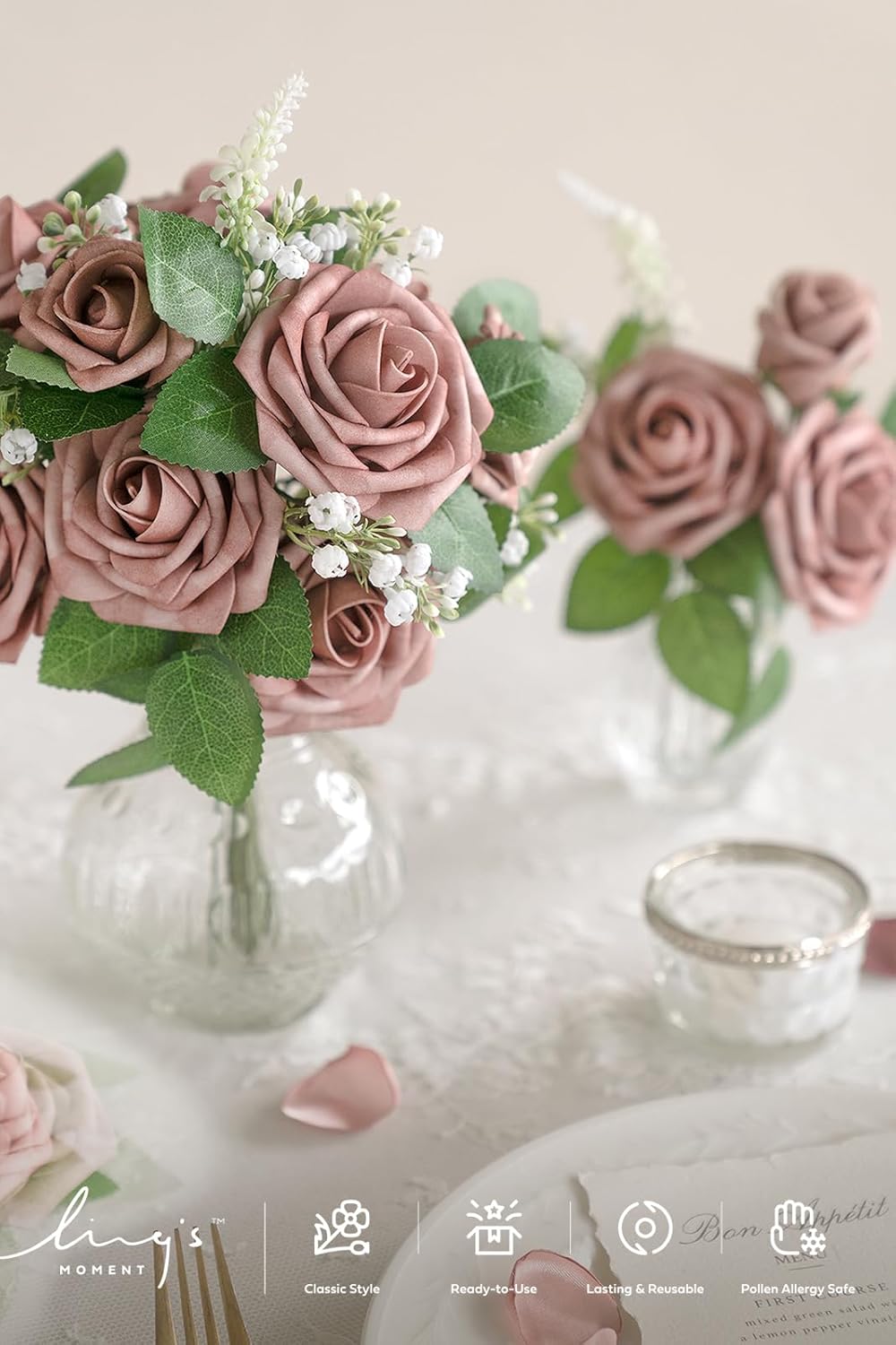 Ling's moment Artificial Flowers 25Pcs Dusty Rose Roses Decor w/Stems,3" Real Touch DIY Foam Floral for Wedding Bouquet/Centerpieces, Outdoors Party Backdrop, Room/Table, and Garden/Pot Decorations - Image 4