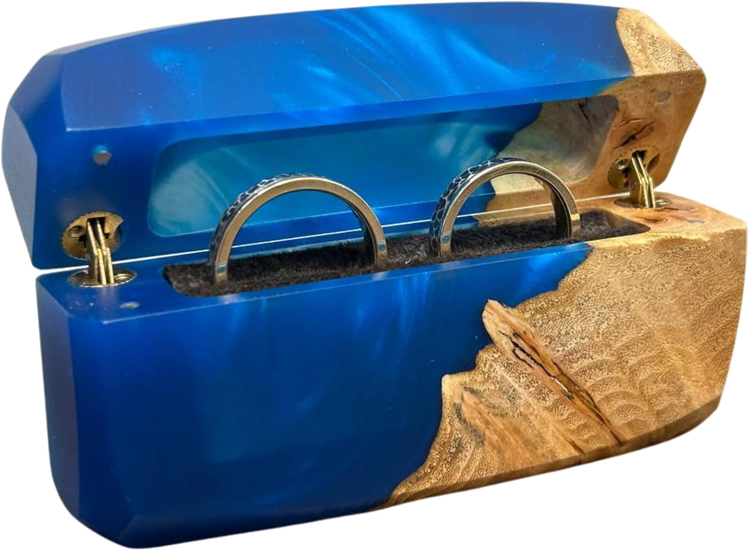 RWA Handcrafted Double Engagement Ring Box – Wood & Epoxy Resin Ring Case, Slim Pocket Proposal Ring Holder with Velvet Interior, Unique Handmade Jewelry Box - FLASH (blue)