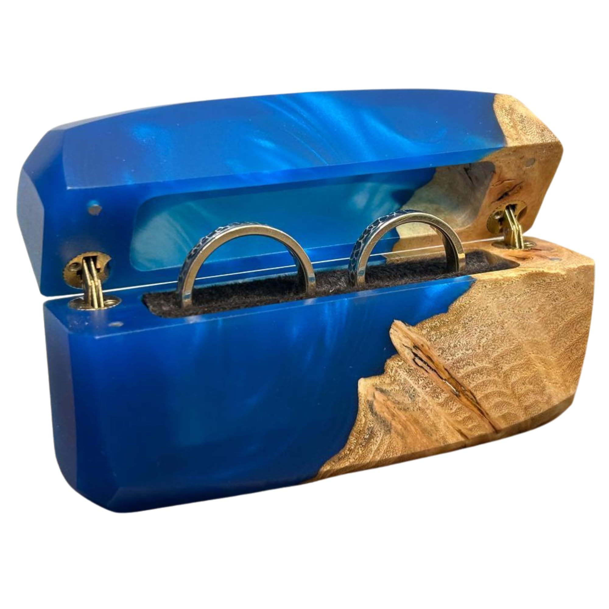 RWA Handcrafted Double Engagement Ring Box – Wood & Epoxy Resin Ring Case, Slim Pocket Proposal Ring Holder with Velvet Interior, Unique Handmade Jewelry Box - FLASH (blue)