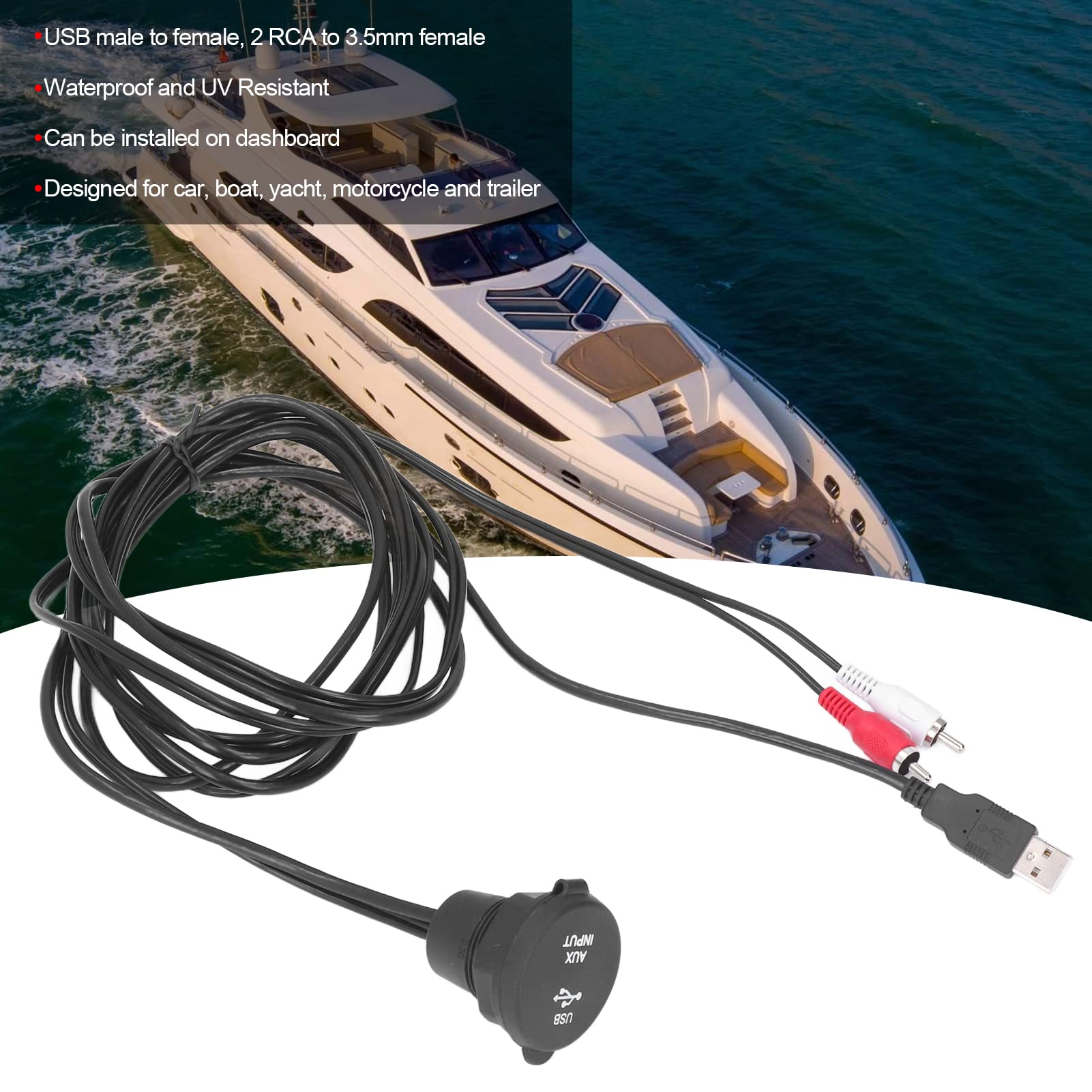 Zestaw przedłużaczy USB 3.0 do montażu podtynkowego, wtyk męski na żeński, 2 wtyki na 3,5 mm żeński, wodoodporny, odporny na promieniowanie UV, do samochodu, motocykla, łodzi,