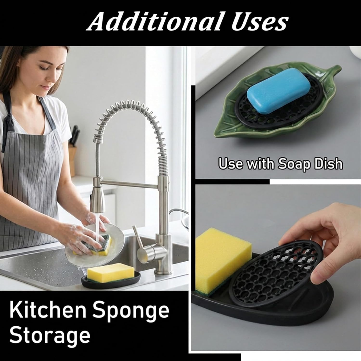 2PCS Silicone Soap Dish,Black Self Draining Bar Soap Holder