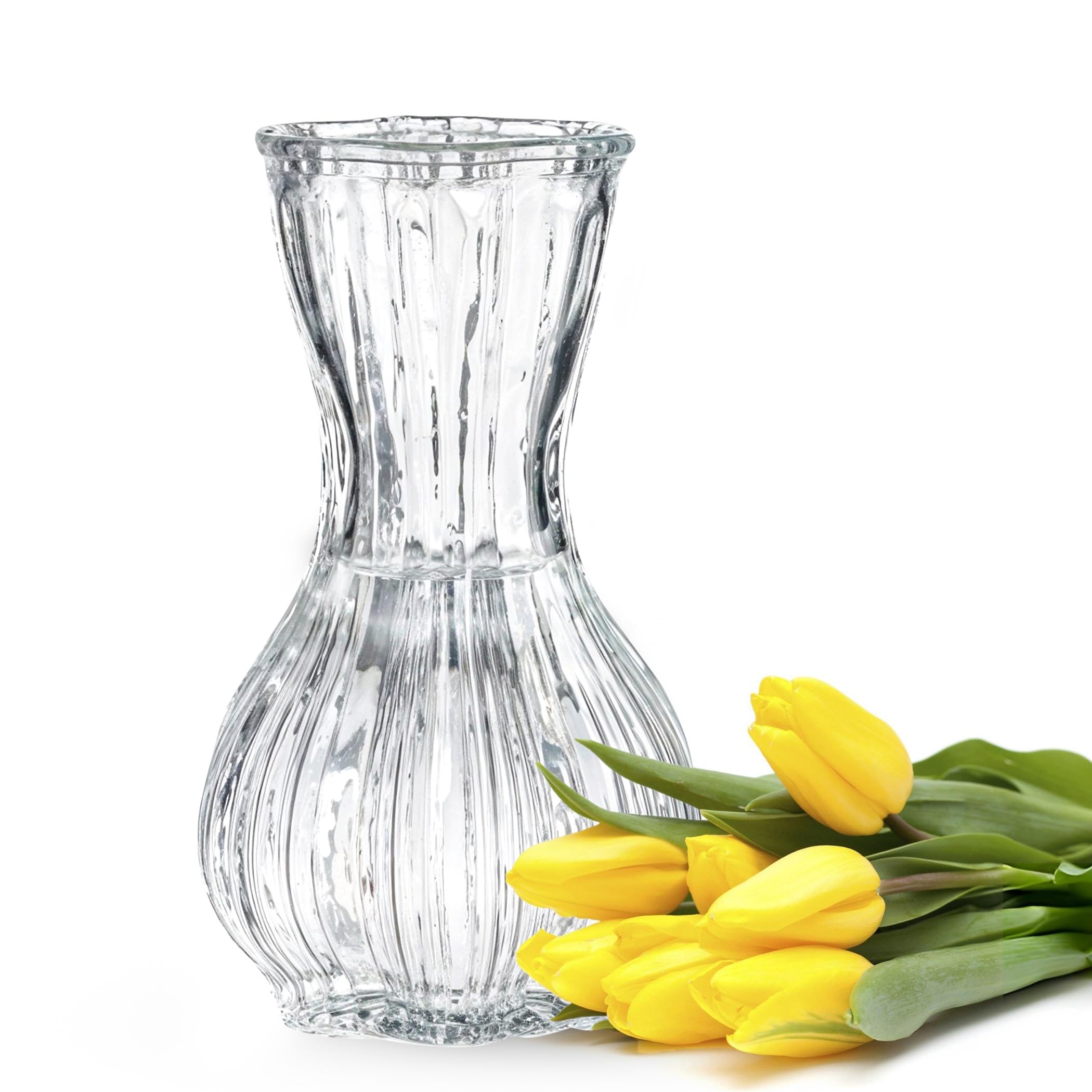 Wrenbury Small Lily Vase Lily Glass Ribbed Vase For Flowers 15Cm - Daffodil Posy Container For Bouquets - Clear Glass Bud Vase For Tulips - For Classic Table Decor