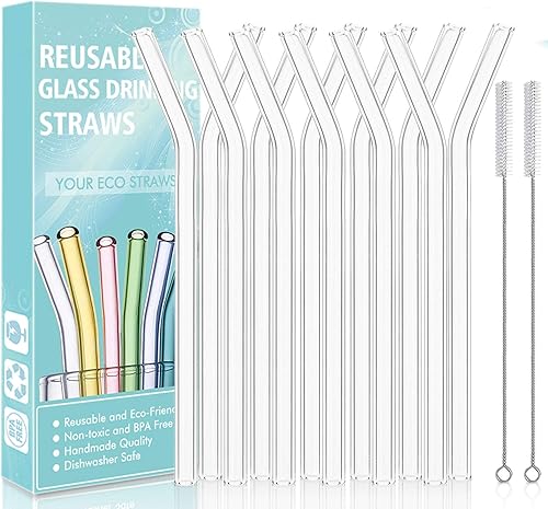 Pajitas de vidrio dobladas reutilizables, juego de 12 popotes doblados con 2 cepillos de limpieza, resistentes a roturas, no tóxicos, popotes