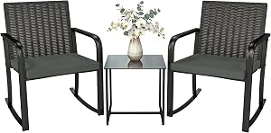 Outsunny 3 Pieces Patio Furniture Rocking Bistro Set Outdoor Wicker Rocking Chairs with Cushions, Glass Coffee Table, Outdoor Furniture Conversation Set for Balcony, Porch, Grey