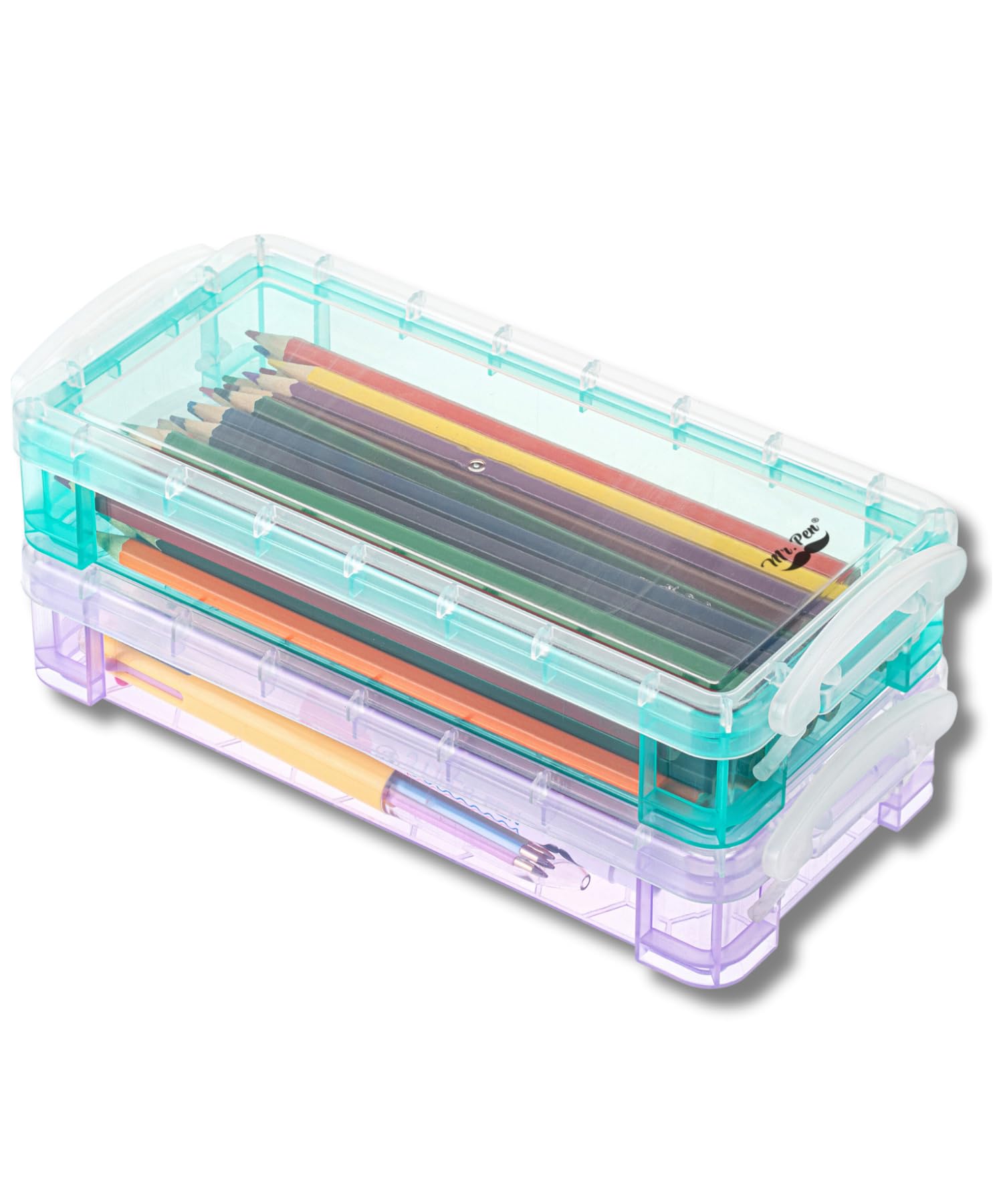 Mr. Pen- Pencil, Crayon Box, Assorted Color, 2 Pack, Clear Plastic Hard Pencil Case, School Supply Box