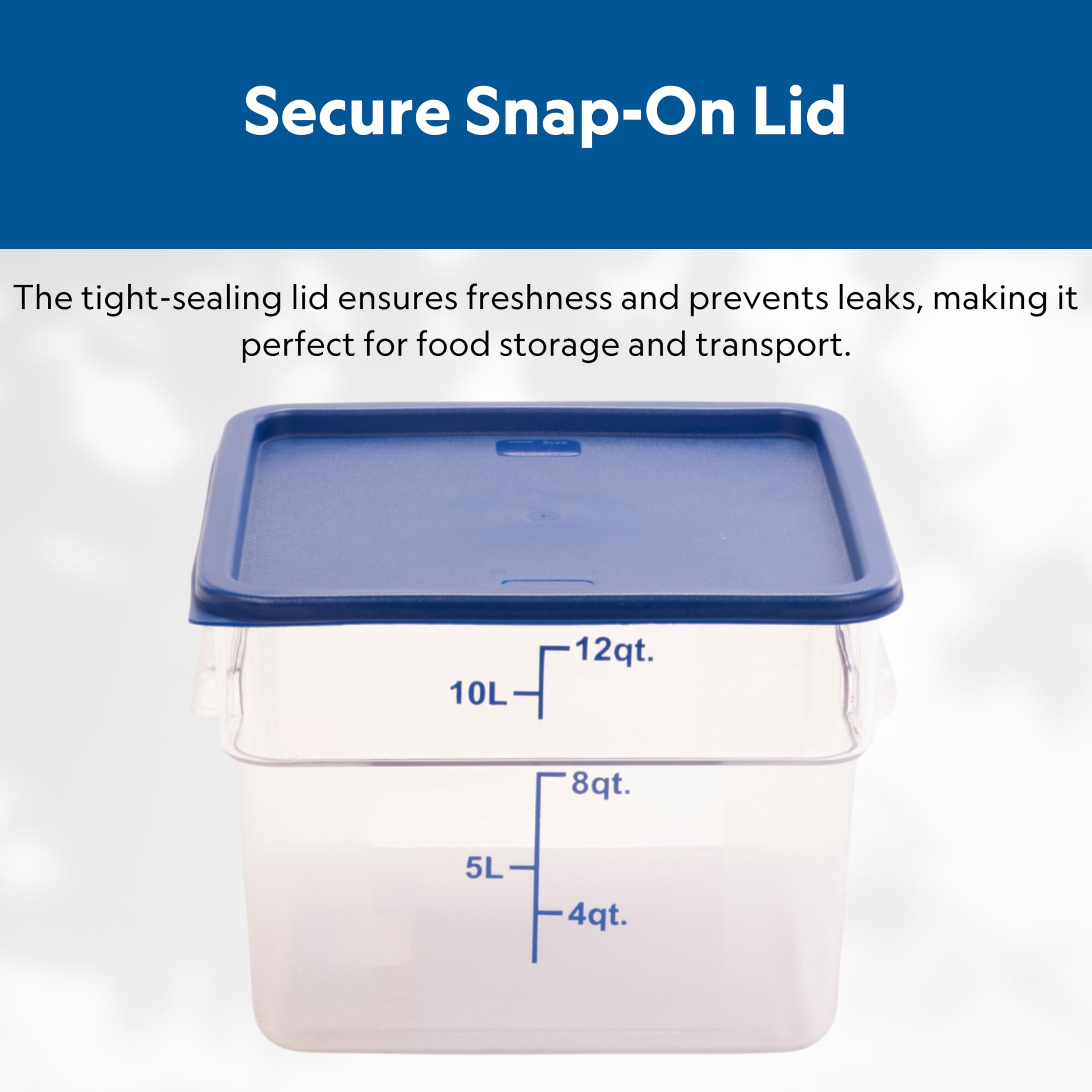 FSE Envase de comida cuadrado con tapa azul, 12 litros, policarbonato, reutilizable, transparente, NSF
