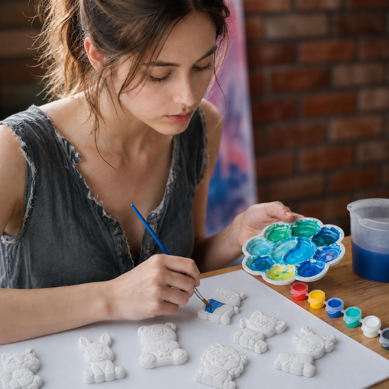 Nomumv Kit de pintura de cerámica de bosque de animales, juego de arte y manualidades para niños y adultos, figuras de animales de bisque listas para pintar con pinturas, pinceles y paletas