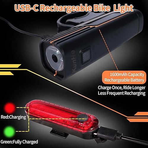 Miniatura 3 de KunHe 227 Lumens 1600mAh Bike Light Set (1or2or4 or 8 Packs) Rechargeable Front & Rear Bicycle Lights with IPX4 Waterproof 4 Modes for Night Cycling