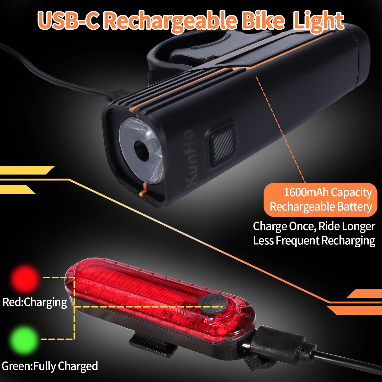 KunHe Lot de 1 ou 2 lampes de vélo 227 lumens 1600 mAh rechargeables avant et arrière avec étanchéité IPX4 4 modes pour cyclisme de nuit