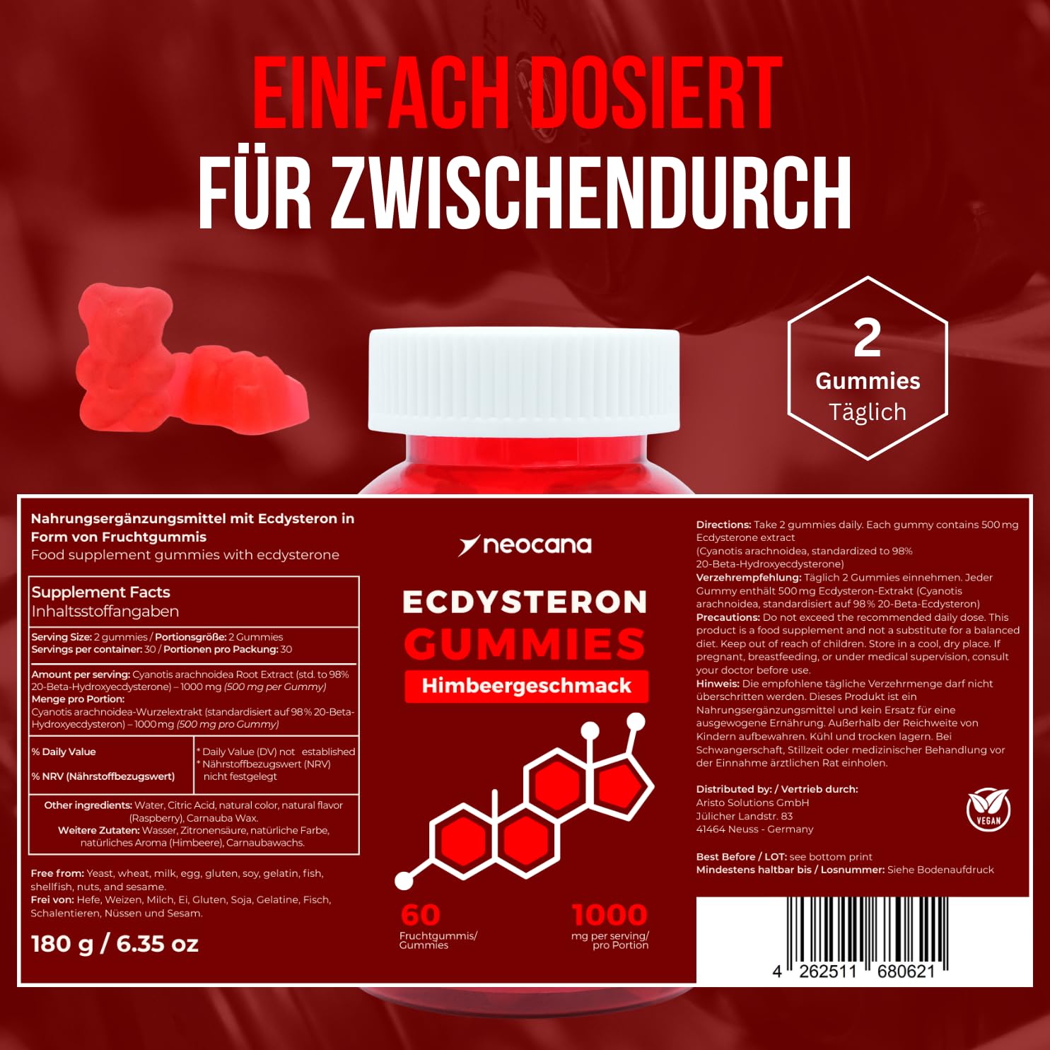 Ecdysteron Fruchtgummis 1000mg pro Portion – 98% Beta-Ecdysteron aus Cyanotis Arachnoidea – Muskelaufbau Booster – Vegane Gummies – Supplement Alternative zu Kapseln & Tabletten – 60 Stück