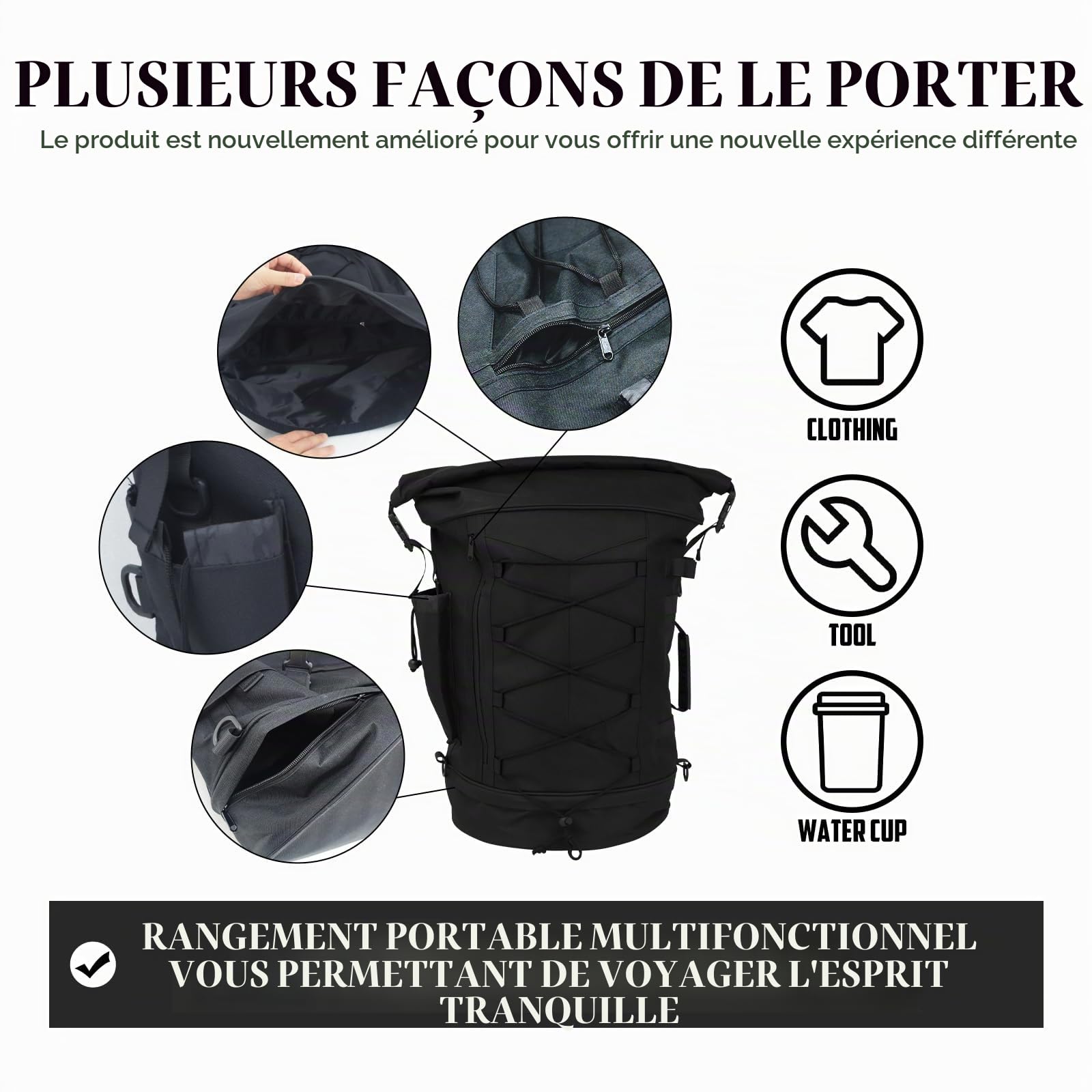 Sac à Dos de Moto Sissy Bar - Grande capacité - Extensible - 50 à 80 l - avec Housse de Pluie et bandoulière - Ajustement Universel pour Harley Yamaha Suzuki Kawasaki | Capacité 50-80L, design extensible, housse de pluie et bandoulière, convient pour Harl