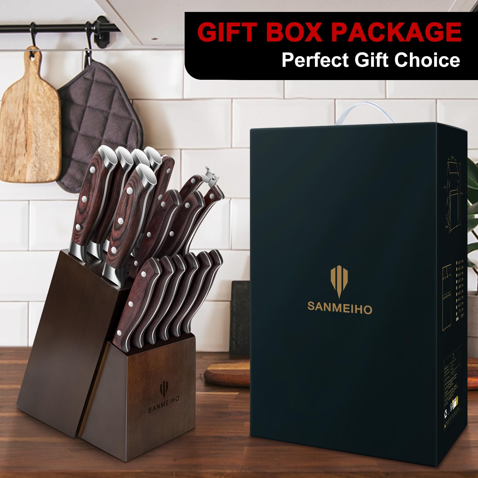 SANMEIHO Ensemble de Couteaux, 16 PCS Ensemble de Couteaux de Cuisine en Acier Inoxydable Allemand pour la Cuisine avec Bloc, Set de Couteaux de Chef Professionnel Ultra-tranchant avec Aiguiseur