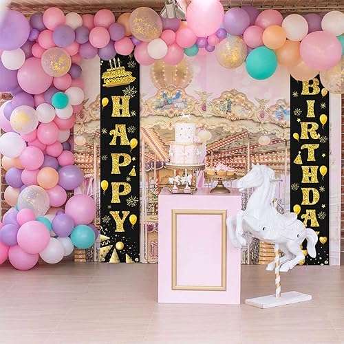 Miniatura 5 de LioNergy Cartel de feliz cumpleaños negro y dorado de 11.8 x 70.9 pulgadas, decoración de fiesta para interiores y exteriores