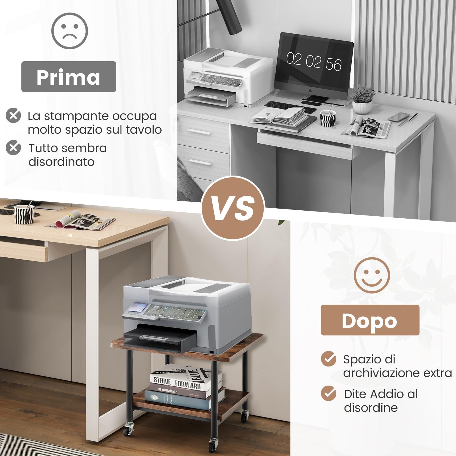COSTWAY Supporto per Stampante, Carrello Stampante con Ruote Girevoli a 360⁰, Design Rimovibile, Superficie Ampia e Liscia, di Legno e Acciaio, 49 x 40 x 37 cm (Marrone)