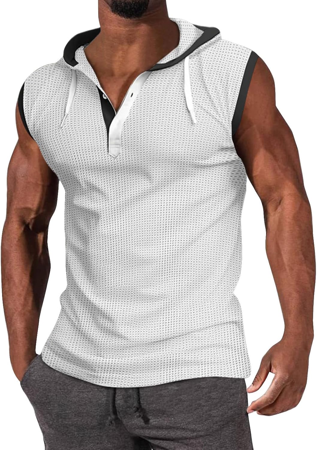 WENKOMG1 Mens Henley Tank Tops Solid Sleeveless Workout Hoodie Shirt Summer V Neck Button Down Active Hooded Gym Tees