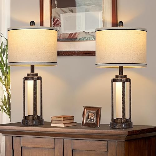 Miniatura 7 de 26" Farmhouse Table Lamps Set of 2, Vintage Rustic Industrial Beside Lamps with USB A+C Charging Ports & AC Outlet, Nightstand Lamp with Glass Night