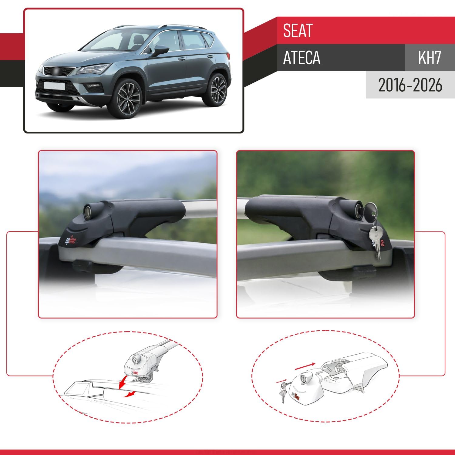Kompatibel mit Seat Ateca (KH7) 2016-2026 ACE-1 Modell Relingträger Dachträger Auto Gepäckträger Grau Aluminium 2 Stangen