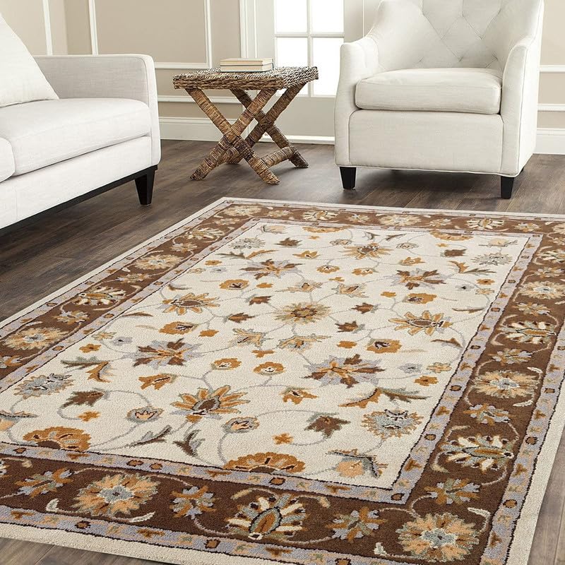 Image of Hand-Tufted Woolen Large Carpets for Living Room 9x12 feet Ivory & Brwon Color Traditional Anti-Skid Area Rug High Pile Thick Carpet & Rugs for Hall & Bedroom