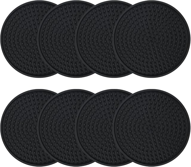 Drink Coasters Set of 8, Anti-stick Black Silicone Coasters for Coffee Table,Heat-resistant Coasters with Deep Groove and Non Slip Bottom, Suitable for Any Size of Cup, Perfect for Home, Bar, Office