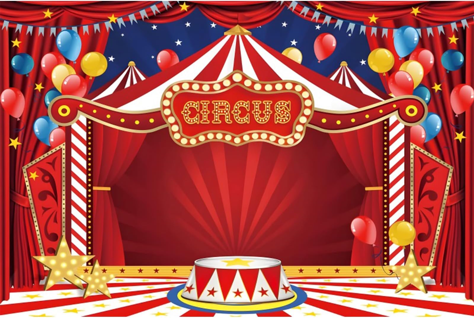 Circus Theme Backdrop 5x3ft Red White Striped Tent Night Star Balloons Stage Red Curtain Photography Background Kids Birthday Baby Shower Carnival Night Party Banner Clown Portrait Prop