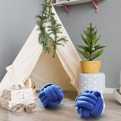 Miniatura 4 de Namalu 2 almohadas redondas de nudo de felpa, decorativas, suaves y estéticas, de felpa, para decoración de la habitación de los niños (azul oscuro,