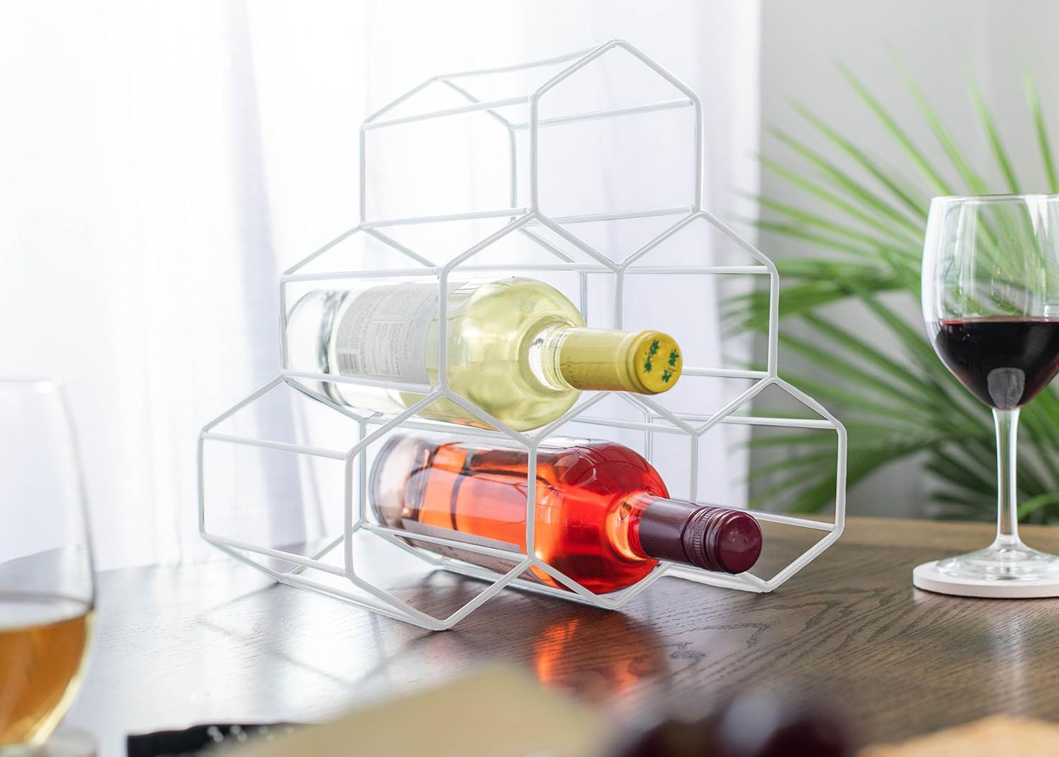 NAT & Jules Honeycomb White Iron Metal Tabletop Wine Rack - Perfect for Kitchen Countertop, Pantry or Cabinets Display or Storage - Hold 6 Bottles, White