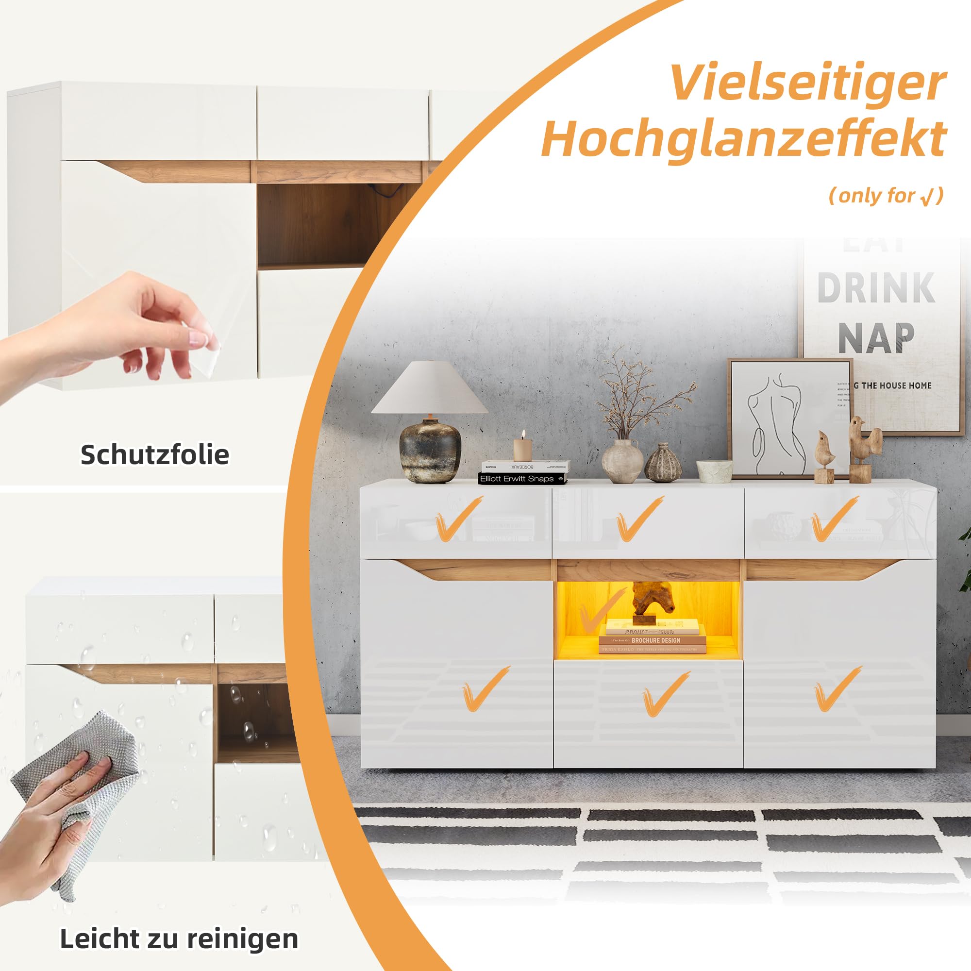 Gxffipw Sideboard 140cm Weiß/holzfarben - Mit LED-Beleuchtung, 4 Schubladen & 2 Türen