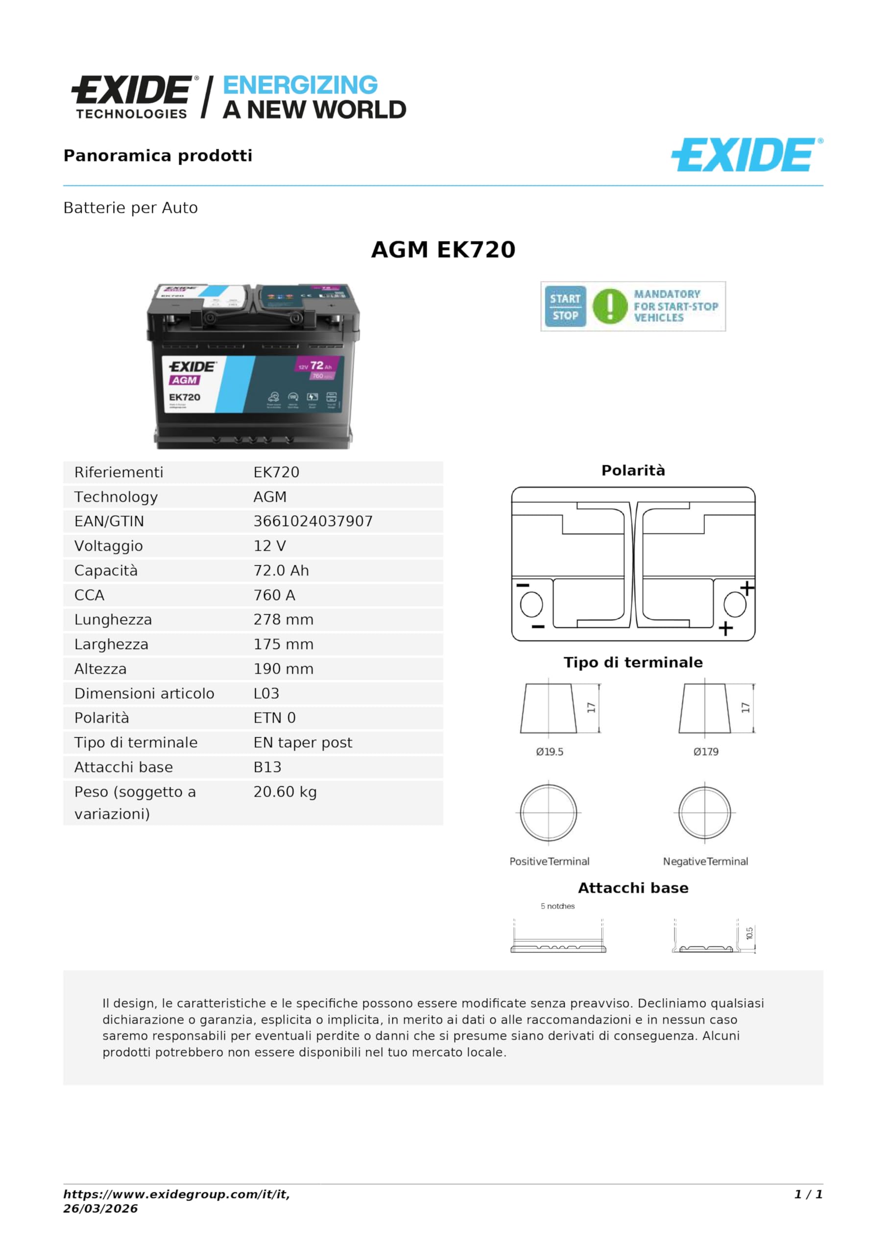 BATTERIA AUTO EXIDE EK720 AGM 72 AH 760 EN 12 VOLT START & STOP = ROFIBA 70720