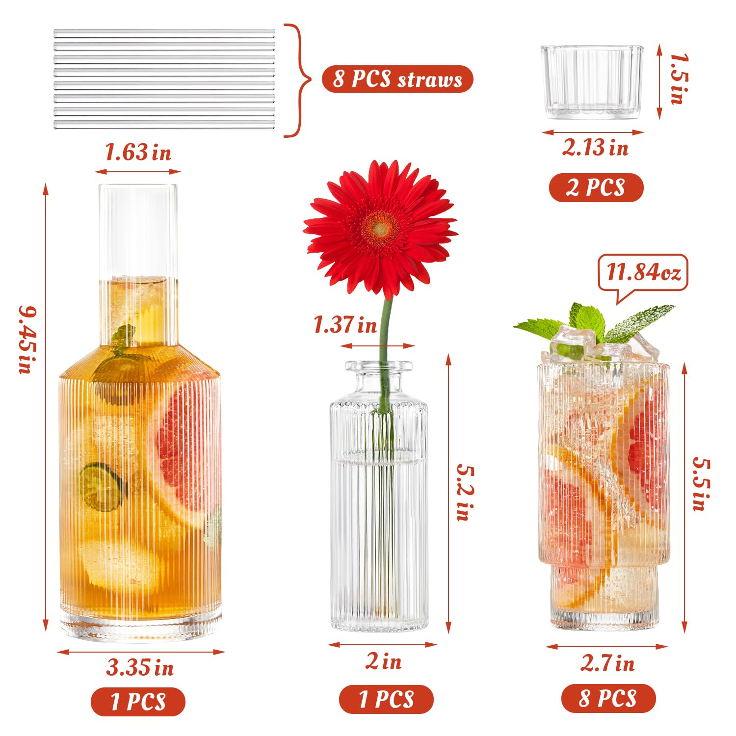 Szklanki do picia, 8 szklanek ze słomkami i karafką na wodę, prążkowane szkło, szklanki typu highball, karafka nocna i zestaw szklanek, dzbanek kuchenny i kubki do napojów, lodowej kawy, styl origami