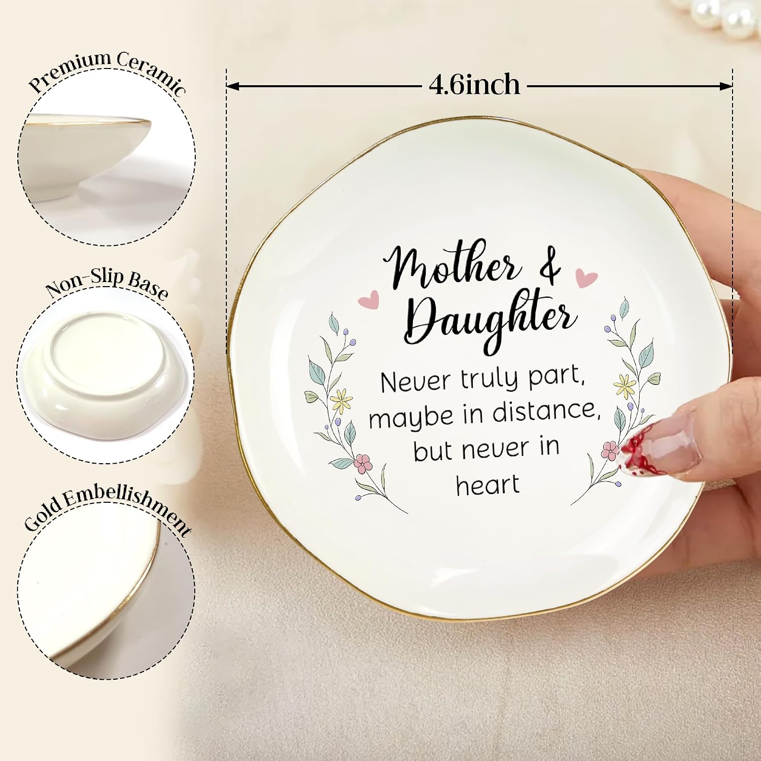 Ceramic Ring Dish Jewelry Tray - Aesthetic White Trinket Tray - Meaningful Mothers Day Gift for Mom from Daughter Son - Mother Daughter Never Truly Apart