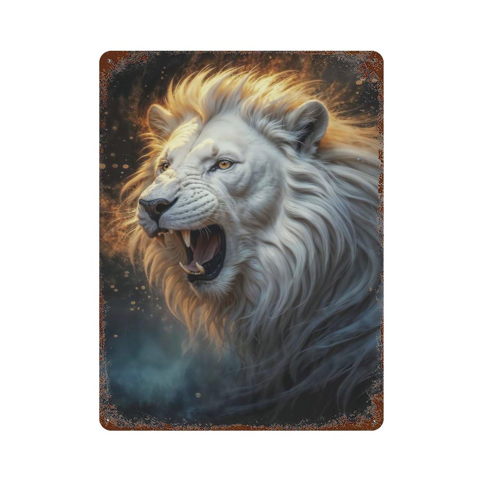 Rust Effect Magical White Lion Weathered Tin Sign 15.7"x11.8", Novelty Wall Decor for Office, Studio And Wall Decor