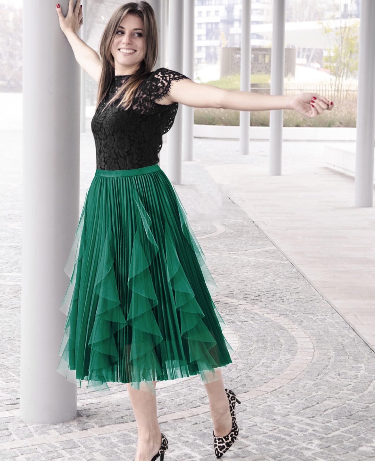 Faldas de tul para mujer, falda tutú escalonada de malla, cintura elástica alta y baja, falda de tul midi para fiesta, Hada Verde, Talla única