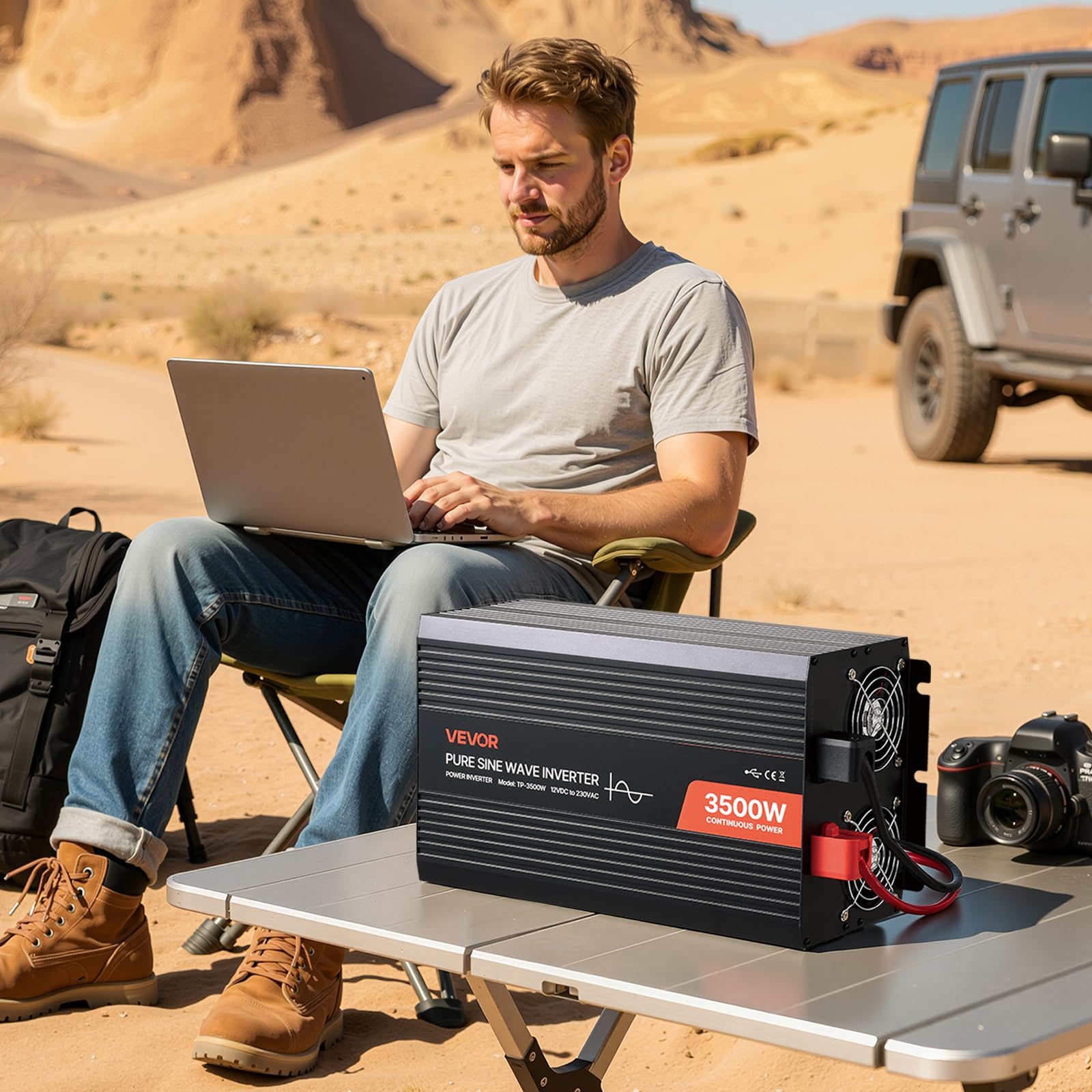 VEVOR 3500 W Wechselrichter, 12 V DC auf 230 V AC, Reiner Sinus-Wechselrichter, Solar-Autoladegerät-Konverter mit LCD-Display, Fernbedienung, USB-Anschluss, 2 AC-Steckdosen, Typ-C-Anschluss