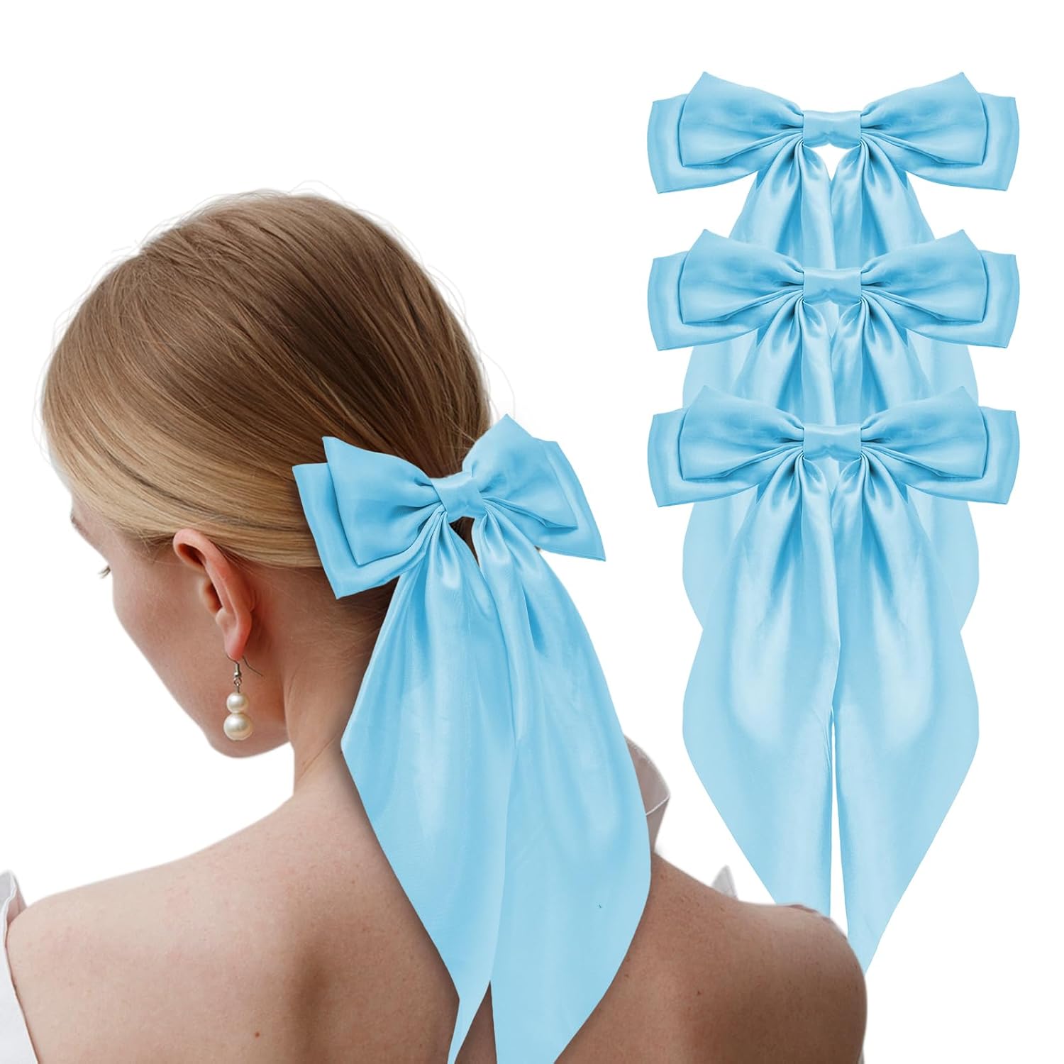 3PCS Large Hair Bows for Women Oversized Long Tail Bow Hair Clips Satin Ribbon Bow Hair Barrettes Ponytail Holder Bowknot Vintage Hair Accessories for Girls Teens (Sky Blue Tisbonsy Hair Bows)