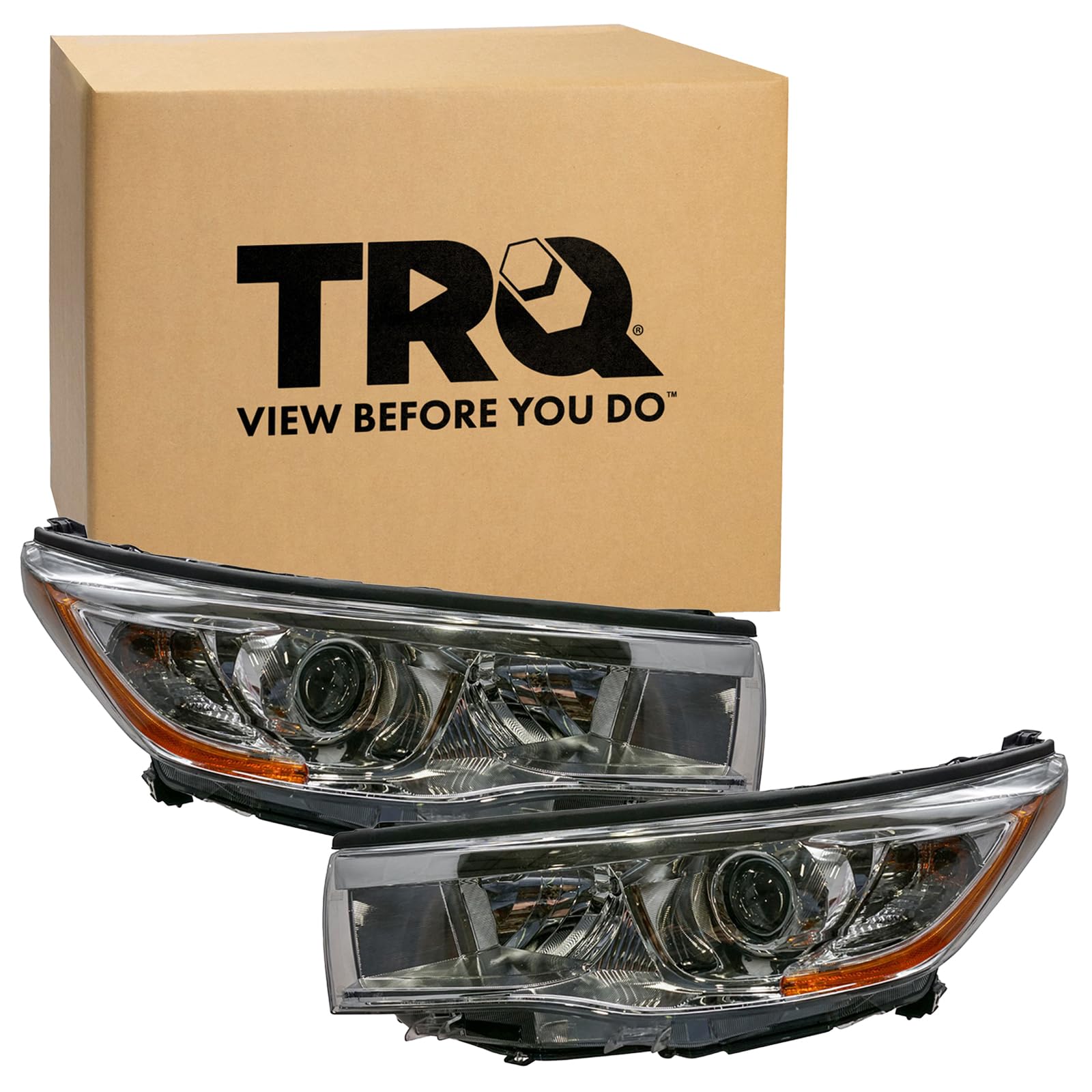 TRQ 2 Piece Headlight Assembly Set Chrome Bezel Driver &amp; Passenger Side Compatible with Toyota Highlander 2014-2016 TO2502221 TO2503221 811100E180 811500E180