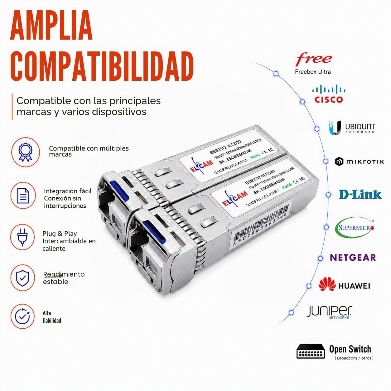 Elfcam® - 2 Piezas 10G SFP+ Bidi Modulo, Conector Fibra Optica LC/UPC Monomodo Simplex, TX1270nm / RX1330nm y TX1330nm / RX1270nm, DDM 20KM