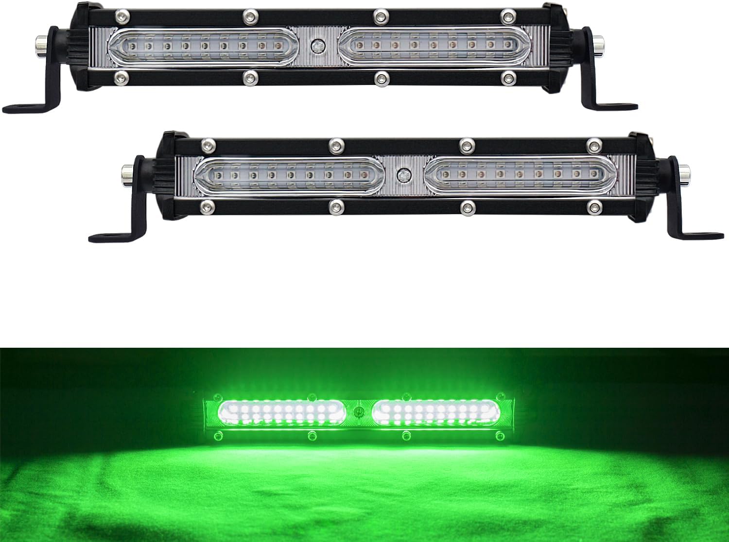 Ultra Slim Single Row Green LED Offroad Driving Fog Lights Bar - 2Pcs, 7Inch Waterproof Auxiliary Work Lights for Fish, Pig, Deer, Truck, Tractor, Boat, Cars