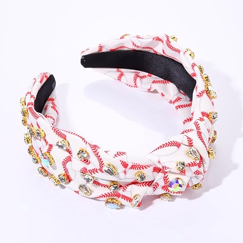 Miniatura 6 de mokkia Diadema de béisbol con diamantes de imitación anudada para mujer, diadema estampada con nudo superior ancho, diadema adornada con joyas