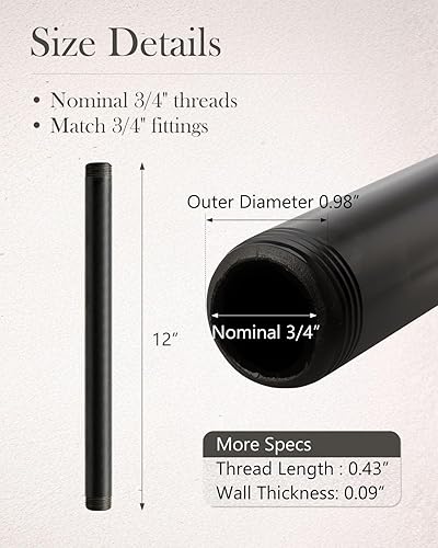 Miniatura 3 de Paquete de 10 pezones de acero maleable negro de 3/4 pulgadas x 12 pulgadas, estilo vintage industrial steampunk.