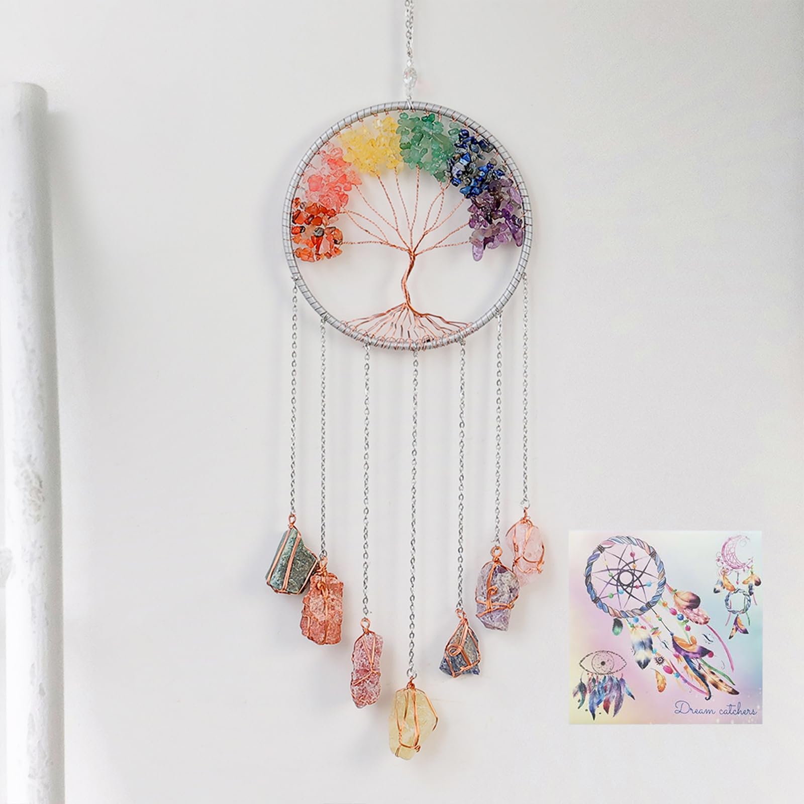 Tree of Life Dream Catchers with Crystal 7 Chakra Gemstone Dream Catchers Color Natural Gem Raw Stone Wall Hangings Room Garden Dreamcatchers Decor(Silver)