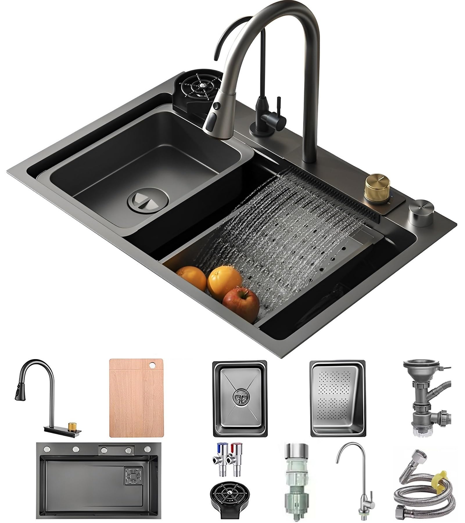 ZQFHSX 80 x 50 cm kitchen sink, waterfall stainless steel, black grey, 1 basin, large workplace with extendable tap, 2 drip baskets, chopping board, soap dispenser, glass rinse