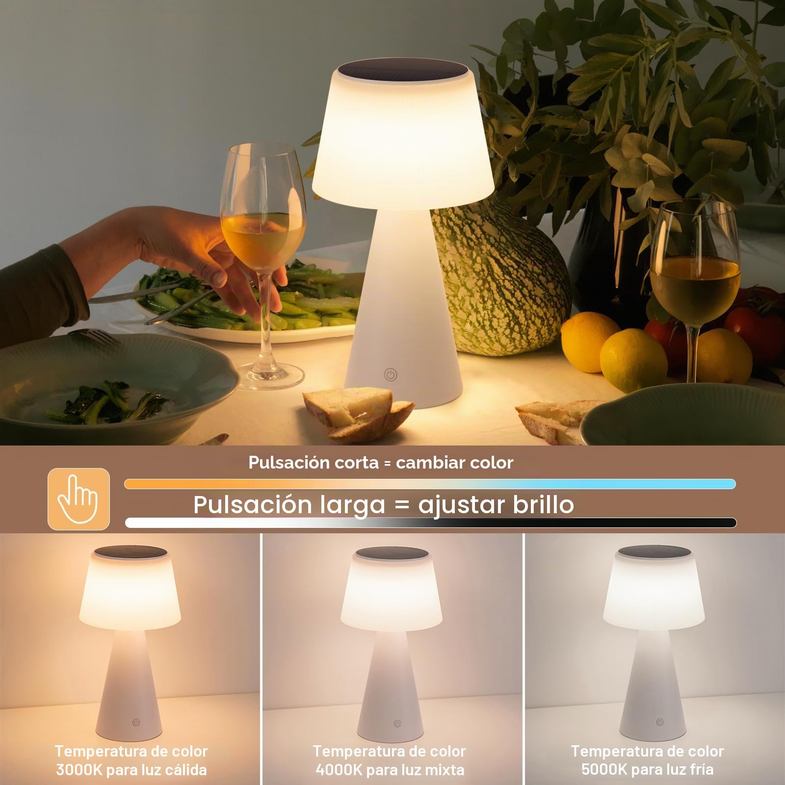 Juego de 2 Lámparas de Mesa LED Inalámbricas, Táctiles y Recargables | Lámparas con Batería 3600mAh e Intensidad Ajustable, Diseño IP44 para Interior y Exterior, Ideal para Salón y Dormitorio