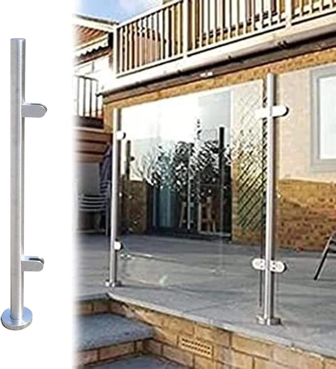 Poteau de garde-corps en verre rond en inox au sol argent 65cm