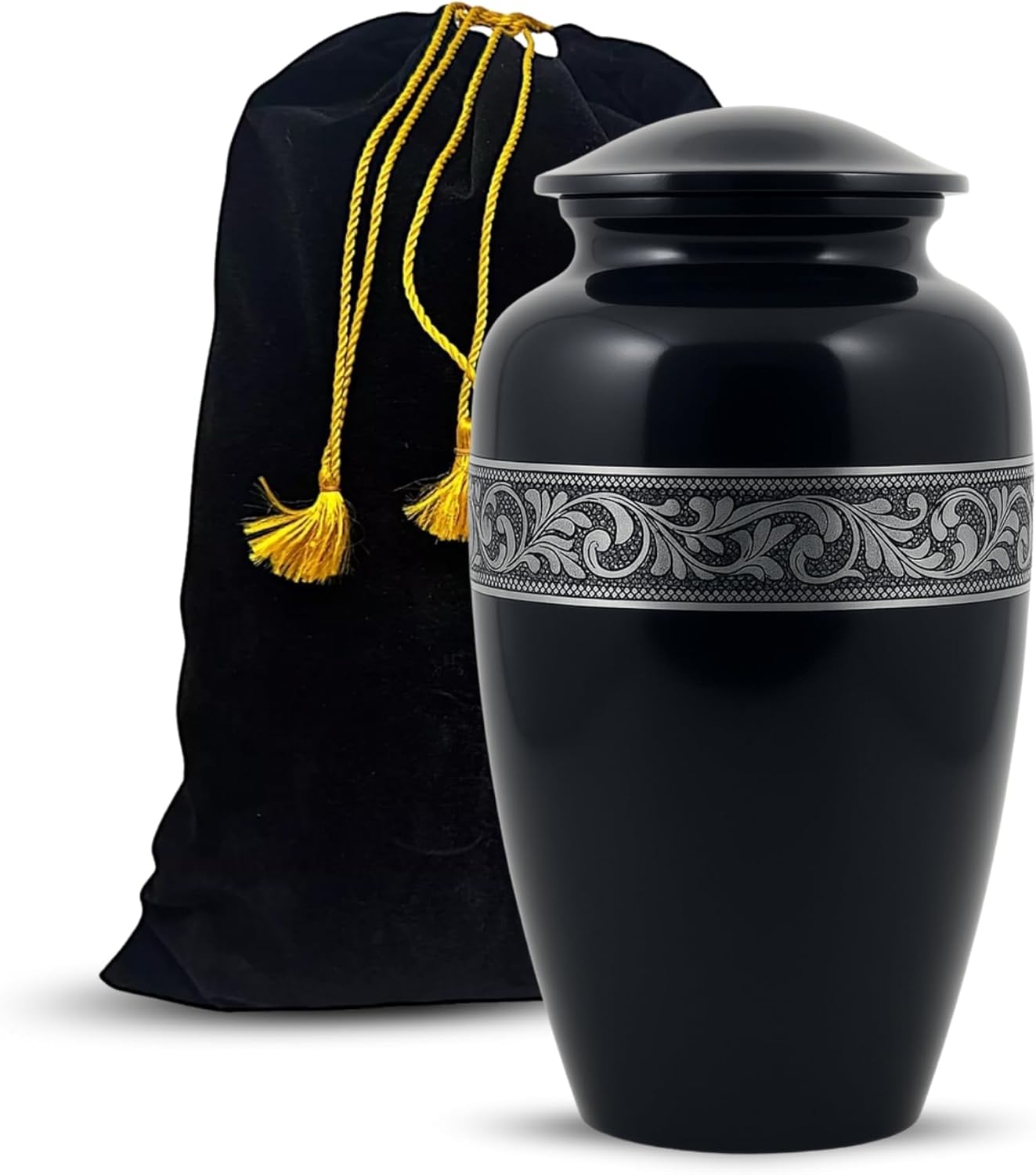 Silver Engraved Aluminium Cremation Urn for Human Ashes Adult - Handcrafted Funeral Memorial Ash Storage Urn - Bag Included (Black, 6.5" x 6.5" x 10.5" - 200lbs or 91kg)