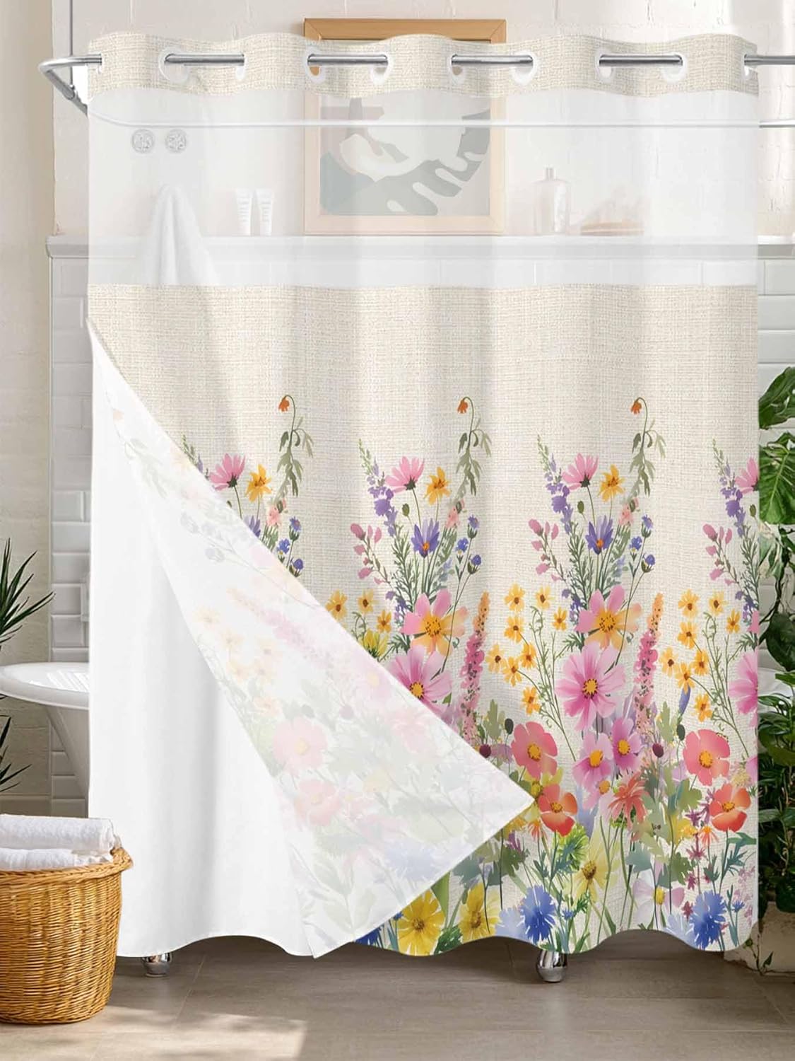 No Hooks Shower Curtain with Snap Liner Coloful Flowers Spring Floral Retro Watercolor Linen Bath Curtain with See Through Top Window 72"x72" for Bathroom Spa