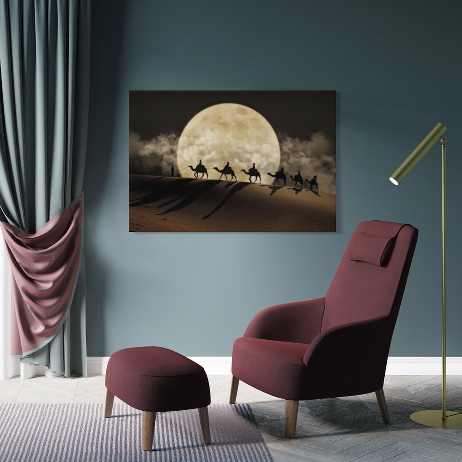 Amazon.co.jp: 砂漠のラクダの風景キャンバス絵画月の夜のシーン