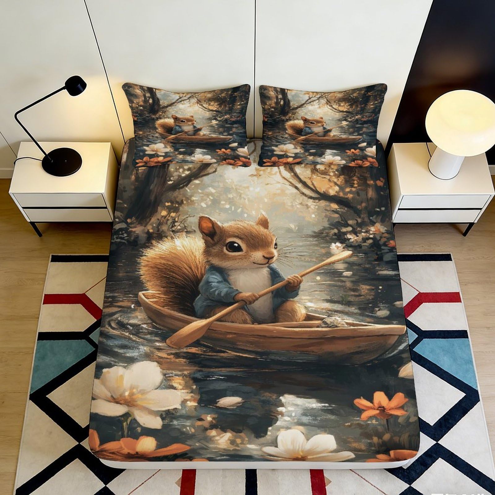 Jqzkxnhpbr Style-1 3D Printed Squirrel In Boat Fitted Sheet Microfiber Soft Anti-Slip Forest River Bed Cover For Bedroom Decor 90X200x25cm