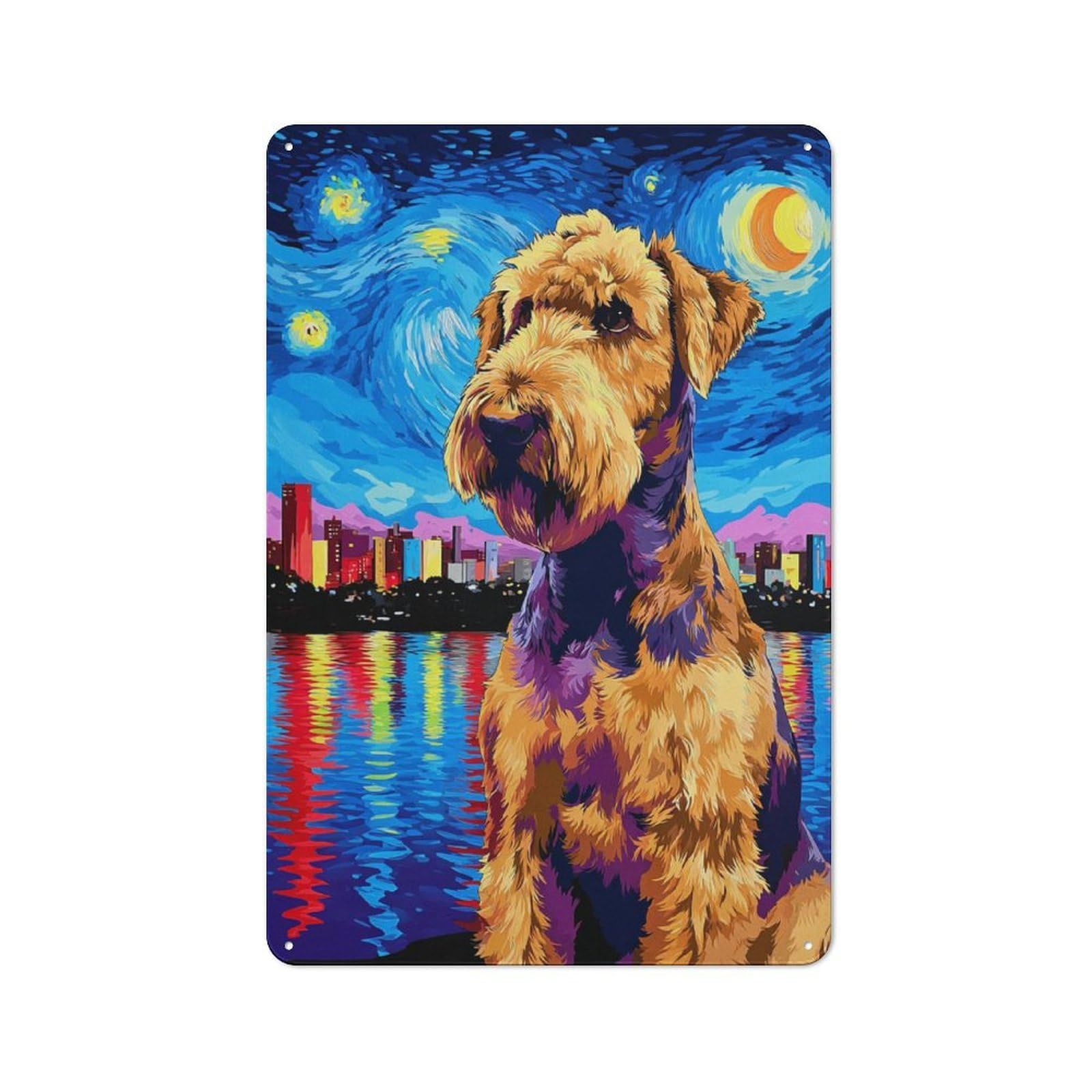 Junmoney Starry Night Cityscape With Dog Vintage Metal Plaque 30X20cm, Diner Style Decor For Coffee Bar, Kitchen, Bistro Or Tea Corner