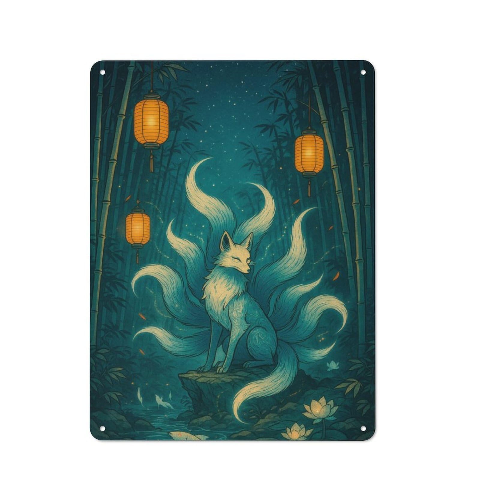 Junmoney Style-13 Metal Sign 40X30cm With Nine-Tailed Fox In Bamboo Forest For Workshop Wall, Vintage Decor, For Vintage Wall Decor Fans, For Metal Sign Collectors