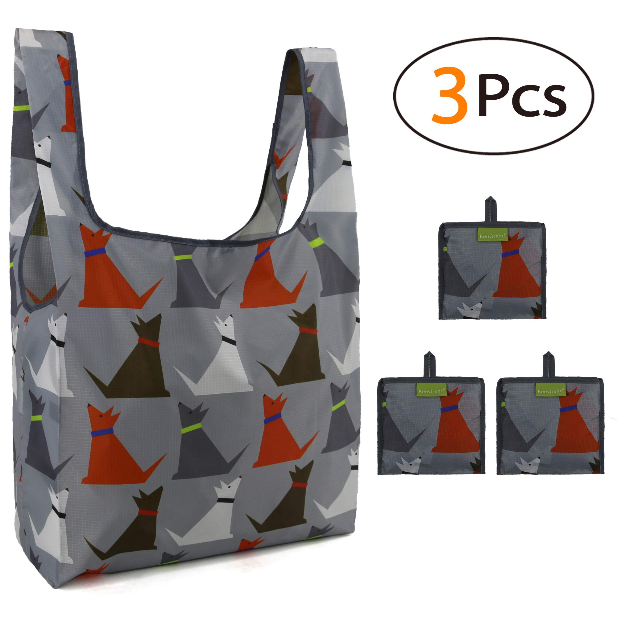 Large Shopping Bags Reusable Foldaway Grocery Bags 3 PCS, Geometric Dogs Pattern, Grey Foldable Shopping Totes, Waterresistant Lightweight Shopper Bags with Long Handle